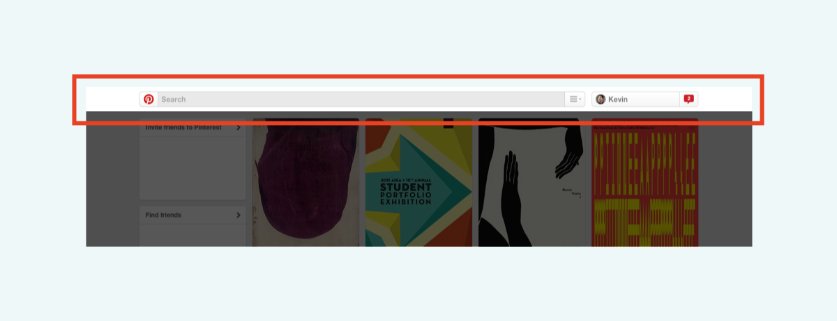 Pinterest's navigation bar is fixed to the top