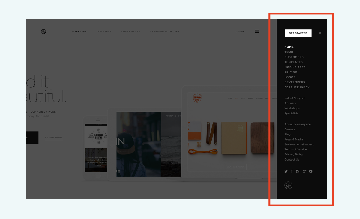 Squarespace has a hidden side menu